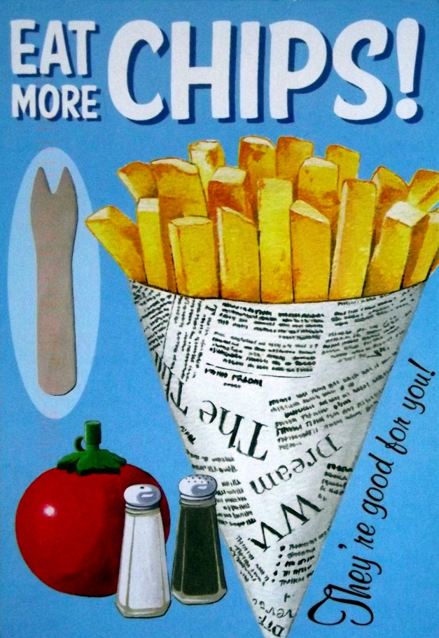 An image of a cone of chips, with salt & pepper and the caption "Eat More Chips"